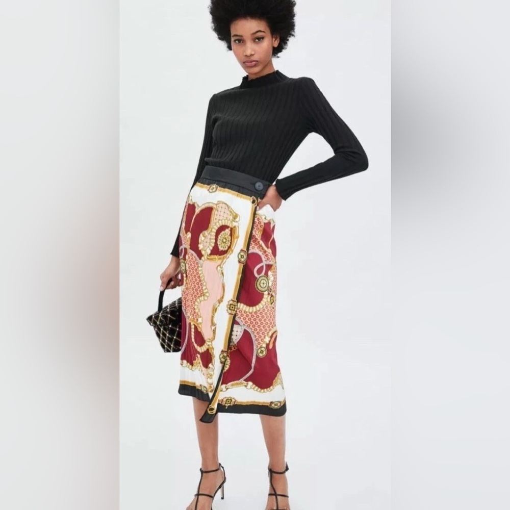 Zara Chain Print Pleated Midi Wrap Skirt, Size L-XL